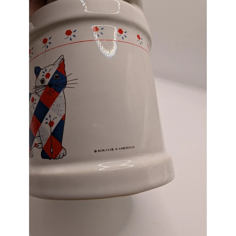 M Kamenstein Ceramic Milk Can Calico Cat Crock Patchwork Vase VTG 83